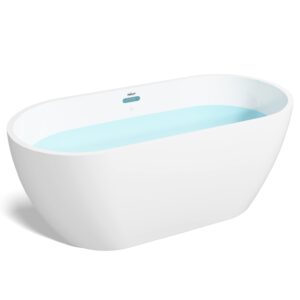 ferdy bali 59" acrylic freestanding bathtub, gracefully shaped freestanding soaking bathtub, toe-tap chrome drain and classic slotted overflow included, glossy white, cupc certified