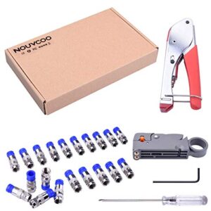NOUVCOO Compression Tool Kit, RG59 RG6 Coax Crimping Tool Double Blades Coaxial Cable Stripper with 20pcs Blue F Connectors for Cable TV Video Audio NC41