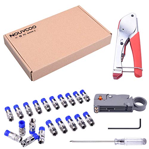 NOUVCOO Compression Tool Kit, RG59 RG6 Coax Crimping Tool Double Blades Coaxial Cable Stripper with 20pcs Blue F Connectors for Cable TV Video Audio NC41
