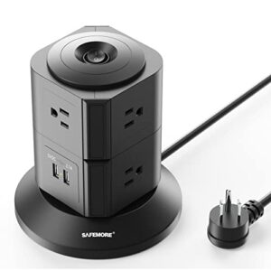 4 side power strip tower safemore with 7 widely outlets / 2 usb ports, flat plug 6ft charging station for home & office (black)