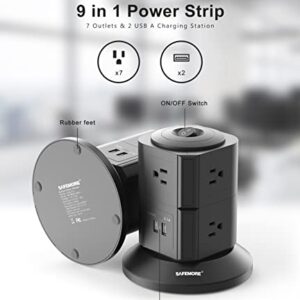 4 Side Power Strip Tower SAFEMORE with 7 Widely Outlets / 2 USB Ports, Flat Plug 6ft Charging Station for Home & Office (Black)