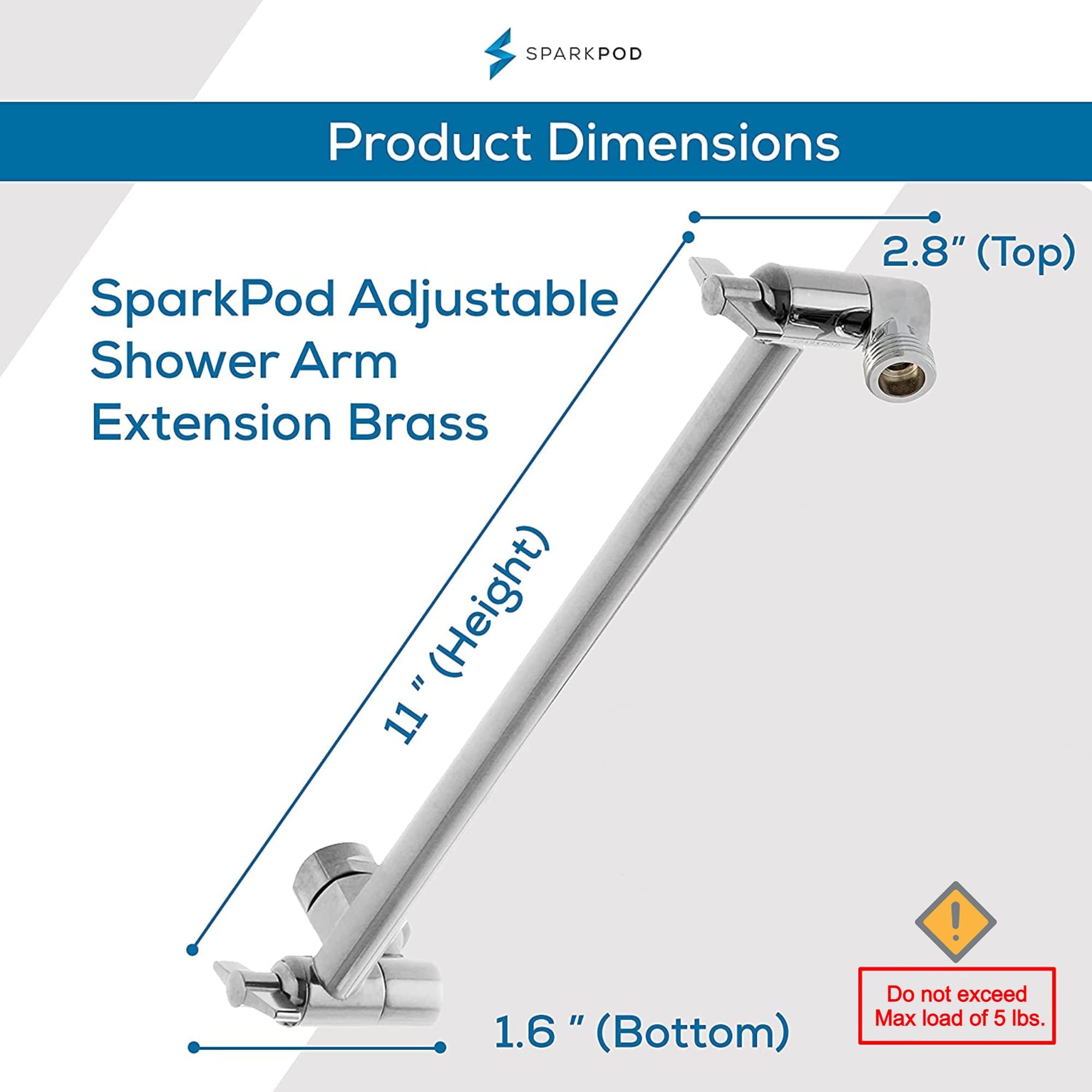 Shower Head Extension Arm by SparkPod - 11" Solid Brass Shower Arm Extension with Universal Connection to Showerheads - Easily Adjustable (Luxury Polished Chrome)