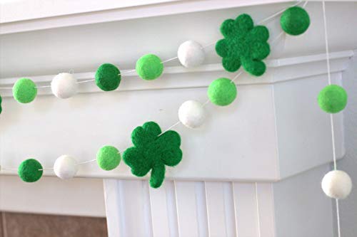 Shamrock St. Patrick's Day Felt Ball Garland- Green, White- 1" (2.5 cm) Wool Felt Balls