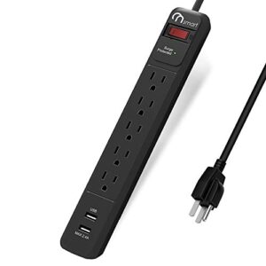 onsmart usb surge protector power strip, 4 multi outlets with 2 usb charging ports, 3.4a total output-600j surge protector power bar, 6 ft long ul cord, wall mount (black)