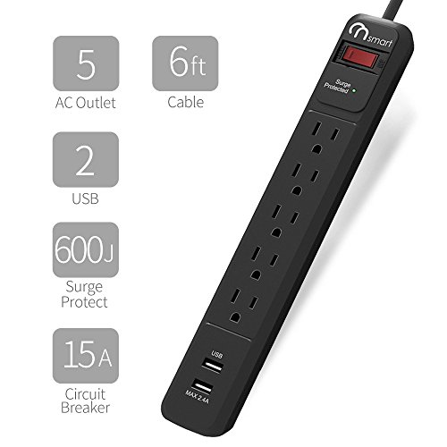 ONSMART USB Surge Protector Power Strip, 4 Multi Outlets with 2 USB Charging Ports, 3.4A Total Output-600J Surge Protector Power Bar, 6 ft Long UL Cord, Wall Mount (Black)