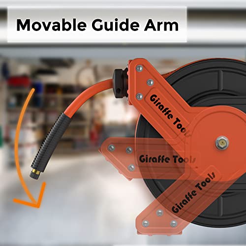 Giraffe Tools TA15B Retractable Air Hose Reel Wall Mount 3/8" x 50 ft Hybrid Hose, Air Compressor Heavy Duty Steel Reel Auto Rewind 300PSI, 50ft, Tangelo