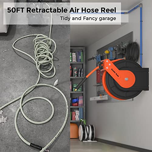 Giraffe Tools TA15B Retractable Air Hose Reel Wall Mount 3/8" x 50 ft Hybrid Hose, Air Compressor Heavy Duty Steel Reel Auto Rewind 300PSI, 50ft, Tangelo