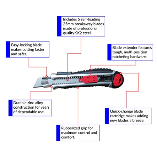 Smithline Heavy-Duty Professional Grade 25mm (1-inch) Large Utility Knife Retractable Razor Box Cutter Snap-off SK2 blades