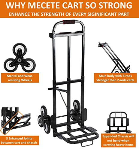 Mecete Hand Truck Dolly – Stair Climbing Cart, Stair Climber Cart 460 Lb Capacity All Terrain Stair Dolly Heavy Duty with Telescoping Handle and 6 Wheels (Black) Hand Truck 2 Climbing Ropes