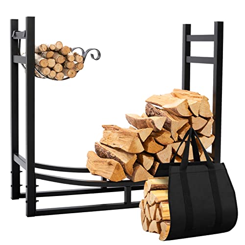 DOEWORKS Heavy Duty Firewood Racks 3 Feet Indoor/Outdoor Log Rack with Kindling Holder, 30 Inch Tall, Black