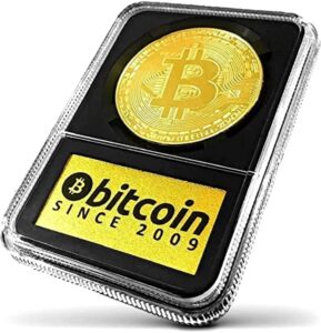 bitcoin coin in collector's edition case: limited edition physical gold coin with crypto coin display case | cryptocurrency coin with realistic details | desk home office idea for hodl fans