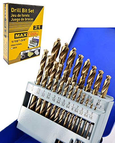 MaxTool 21 Pieces Drill Set 21PCs/21-Piece Twist Drill Bit Set 5% Cobalt HSS M35 Fully Ground 1/16“ to 3/8”x64th Fractional; JBS35G10R021S