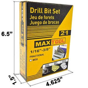 MaxTool 21 Pieces Drill Set 21PCs/21-Piece Twist Drill Bit Set 5% Cobalt HSS M35 Fully Ground 1/16“ to 3/8”x64th Fractional; JBS35G10R021S