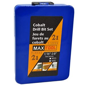 MaxTool 21 Pieces Drill Set 21PCs/21-Piece Twist Drill Bit Set 5% Cobalt HSS M35 Fully Ground 1/16“ to 3/8”x64th Fractional; JBS35G10R021S