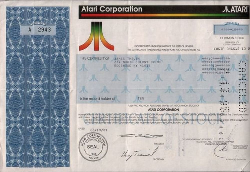 1989 RARE ORIGINAL 1980's ATARI STOCK CERTIFICATE w TRAMIEL SIGNATURES! UP TO $100 ELSEWHERE! Denominations Vary XF-AU