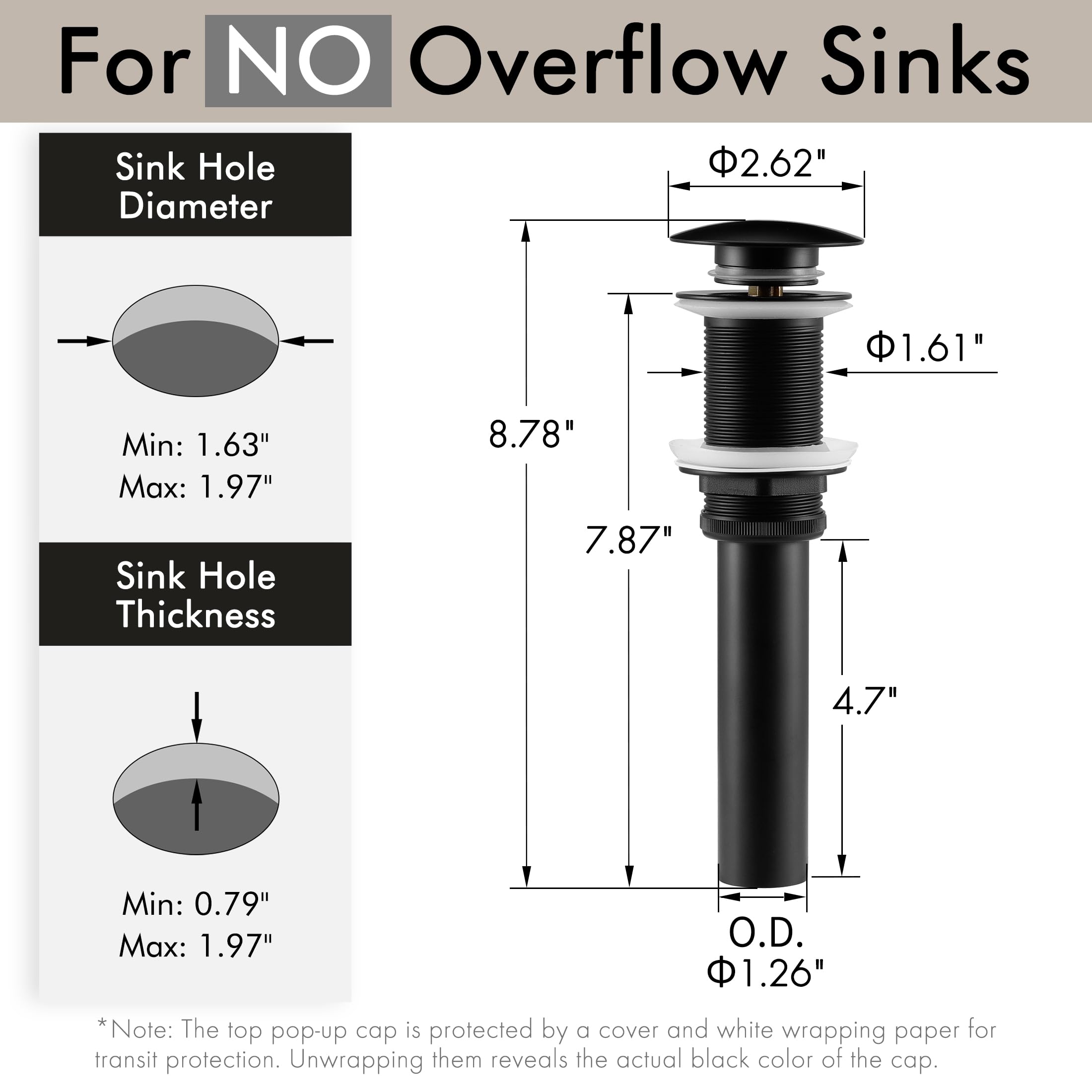 KES Bathroom Sink Drain without Overflow Vessel Sink Lavatory Vanity Pop Up Drain Stopper Matte Black, ALL Metal Rustproof Brass and 304 Stainless Steel, S2008D-BK