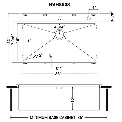 Ruvati 33 x 22 inch Workstation Drop-in Topmount Kitchen Sink 16 Gauge Stainless Steel Single Bowl - RVH8003
