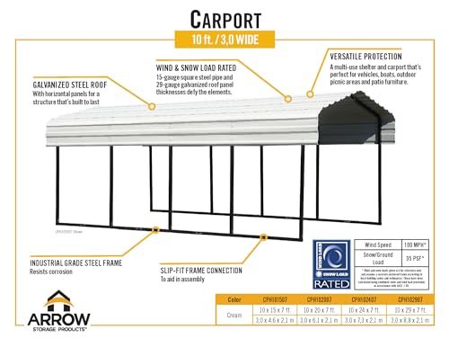 Arrow Shed 10' x 15' x 7' Carport Car Canopy with Galvanized Steel Horizontal Roof, Garage Shelter for Cars and Boats, Eggshell