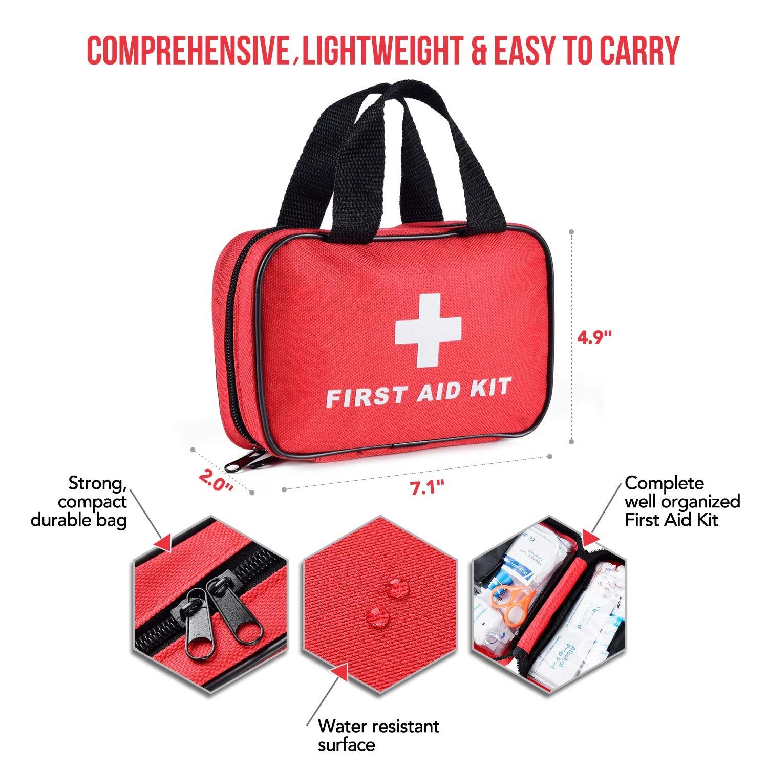 SlimK Small First Aid Kit for Car Travel & Outdoor Emergency Like Minor Cuts, Scratch, Burns & Sprain - 112 Pieces of Premium Sterile Emergency Kit First Aid Supplies - Compact & Lightweight Bag Red