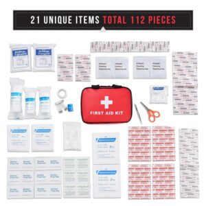 SlimK Small First Aid Kit for Car Travel & Outdoor Emergency Like Minor Cuts, Scratch, Burns & Sprain - 112 Pieces of Premium Sterile Emergency Kit First Aid Supplies - Compact & Lightweight Bag Red