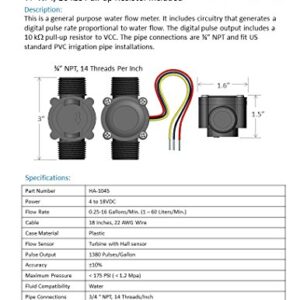 Flow Sensor, 3/4 Inch Male NPT, 3-Wire, Digital Pulse Output, Includes 10kOhm Pull-Up Resistor to VCC, Hall Effect Sensor