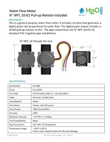 Flow Sensor, 3/4 Inch Male NPT, 3-Wire, Digital Pulse Output, Includes 10kOhm Pull-Up Resistor to VCC, Hall Effect Sensor