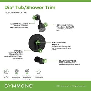 Symmons 3502-CYL-B-MB-1.5-TRM Dia Single Handle 1-Spray Tub and Shower Faucet Trim with Brass Escutcheon in Matte Black - 1.5 GPM (Valve Not Included)