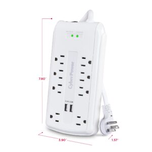 CyberPower CSP806U Professional Surge Protector, 3000J/125V, 15A, 8 Outlets, 2 USB Charging Ports, 6 Foot Cord, White