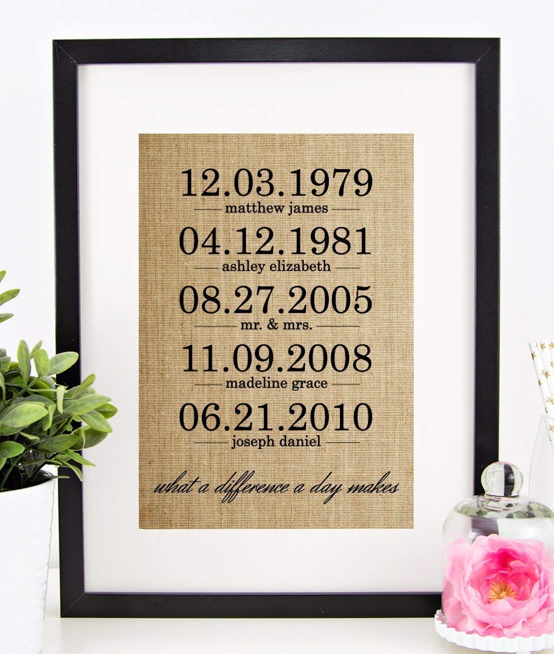 Personalized Gifts for Women, Wedding, Anniversary, Engagement, or Birthday Gift: What a Difference a Day Makes Burlap Print (UP TO 20 NAMES & DATES!)