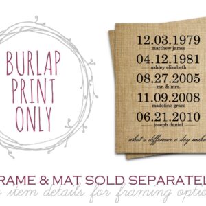 Personalized Gifts for Women, Wedding, Anniversary, Engagement, or Birthday Gift: What a Difference a Day Makes Burlap Print (UP TO 20 NAMES & DATES!)