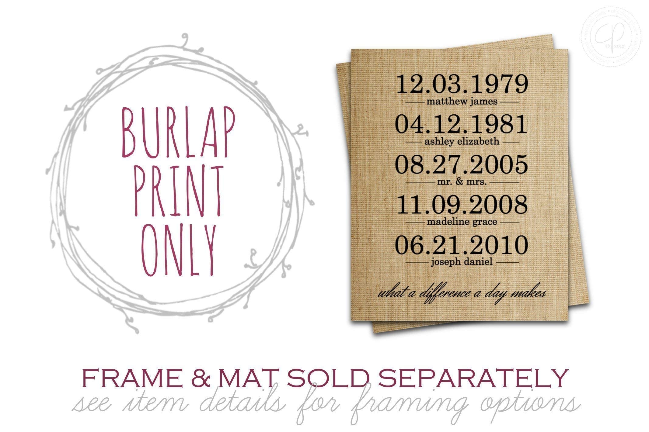 Personalized Gifts for Women, Wedding, Anniversary, Engagement, or Birthday Gift: What a Difference a Day Makes Burlap Print (UP TO 20 NAMES & DATES!)