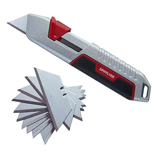 Spifflyer Self Retracting Utility Knife Box Cutter Retractable with 10pc SK5 Blades, Full Metal Shell, Light