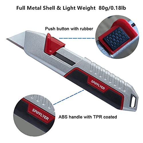 Spifflyer Self Retracting Utility Knife Box Cutter Retractable with 10pc SK5 Blades, Full Metal Shell, Light