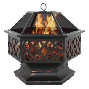 lemy hex shaped fire pit wood burning fireplace firepit bowl with spark screen cover patio backyard heater steel 24"
