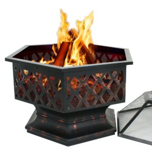 LEMY Hex Shaped Fire Pit Wood Burning Fireplace Firepit Bowl with Spark Screen Cover Patio Backyard Heater Steel 24"