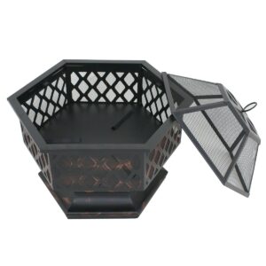 LEMY Hex Shaped Fire Pit Wood Burning Fireplace Firepit Bowl with Spark Screen Cover Patio Backyard Heater Steel 24"