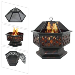 LEMY Hex Shaped Fire Pit Wood Burning Fireplace Firepit Bowl with Spark Screen Cover Patio Backyard Heater Steel 24"