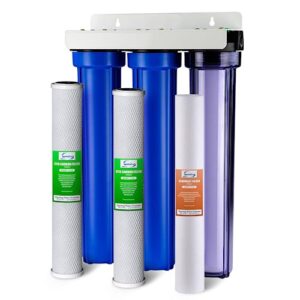 ispring whole house water filter system, reduces chlorine, sediment, taste, odor, 3-stage whole house water filtration system w/ 20"x2.5" water filters and clear 1st-stage housing, model: wcb32c