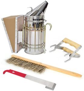 vivo beekeeping starter tool kit, set of 4, bee hive smoker, brush, frame grip, and stainless steel j-hook lifter equipment bee-kit2