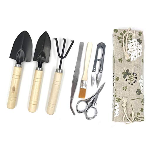 Bonsai Tool Kit, Bonsai Tree Kit Succulent Gardening Tools Set of 8 pcs Includes Pruning Shears, Mini Rake, Fold Scissors and More