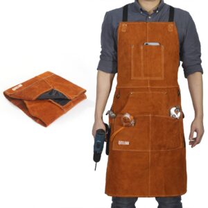 qeelink leather welding work shop apron with 6 tool pockets, heat & flame resistant cowhide heavy duty blacksmith apron, 24" x 36", adjustable m to xxxl for men & women (brown)