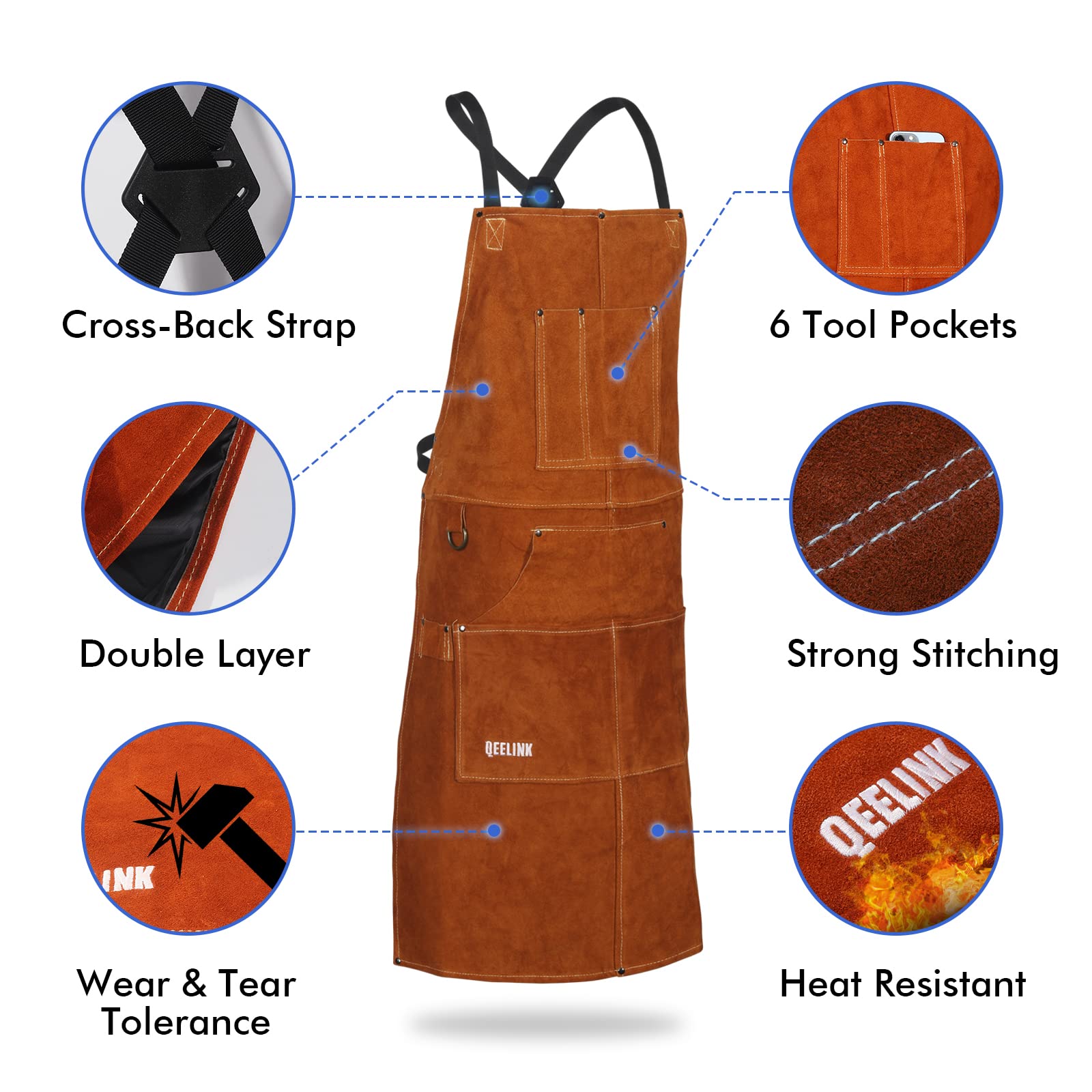 QeeLink Leather Welding Work Shop Apron with 6 Tool Pockets, Heat & Flame Resistant Cowhide Heavy Duty Blacksmith Apron, 24" x 36", Adjustable M to XXXL for Men & Women (Brown)