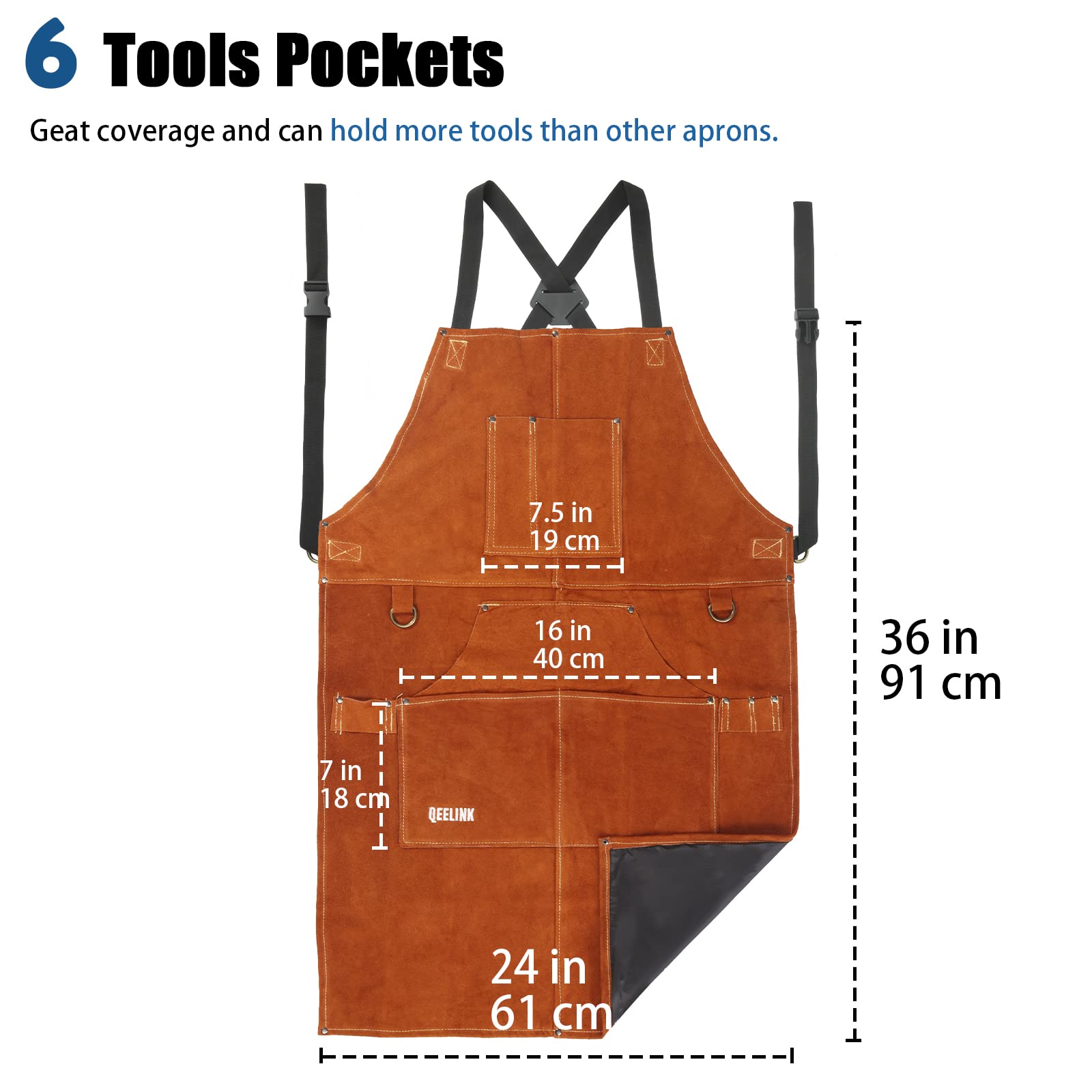 QeeLink Leather Welding Work Shop Apron with 6 Tool Pockets, Heat & Flame Resistant Cowhide Heavy Duty Blacksmith Apron, 24" x 36", Adjustable M to XXXL for Men & Women (Brown)