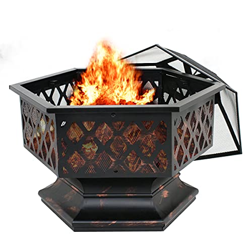 ZENY 24" Outdoor Fire Pit Wood Burning Firepits Steel Firepit Bowl Hex Shaped Home Outside Backyard Fireplace Bonfire Campfire w/Fire Pit Screen