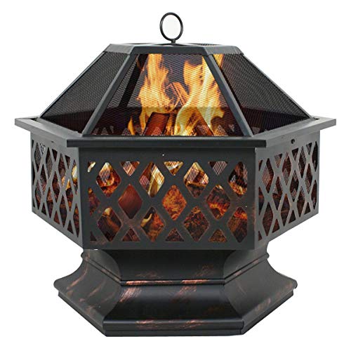 ZENY 24" Outdoor Fire Pit Wood Burning Firepits Steel Firepit Bowl Hex Shaped Home Outside Backyard Fireplace Bonfire Campfire w/Fire Pit Screen