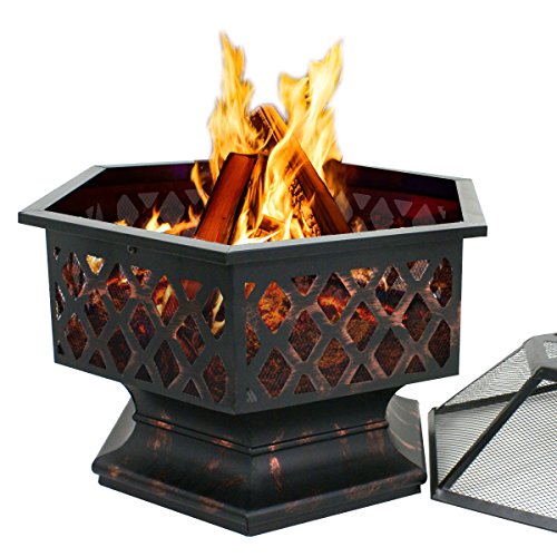 ZENY 24" Outdoor Fire Pit Wood Burning Firepits Steel Firepit Bowl Hex Shaped Home Outside Backyard Fireplace Bonfire Campfire w/Fire Pit Screen