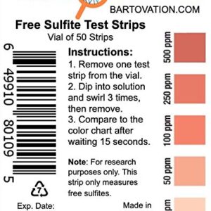 Free Sulfite Test Strips, 10-500 ppm [Vial of 50 Plastic Strips]