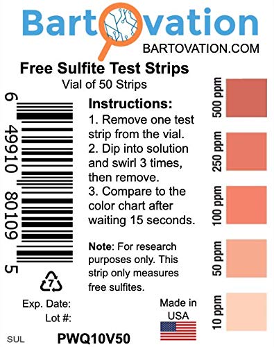 Free Sulfite Test Strips, 10-500 ppm [Vial of 50 Plastic Strips]