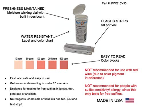 Free Sulfite Test Strips, 10-500 ppm [Vial of 50 Plastic Strips]