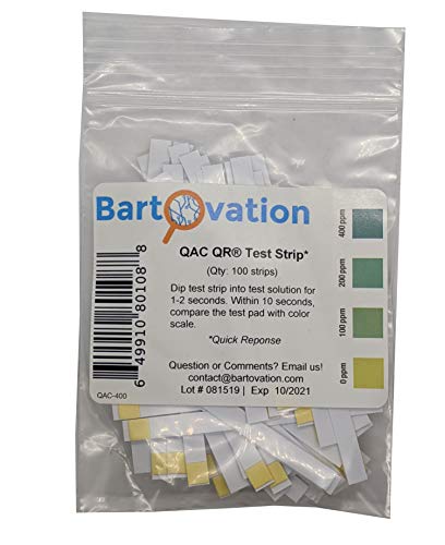 Restaurant Quaternary Ammonium (QAC, Multi Quat) Sanitizer Test Strips, 0-400 ppm [Bag of 100 Plastic Strips]